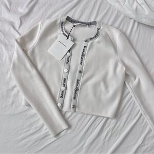 Alexander Wang White Cropped Cardigan with Logo Trim